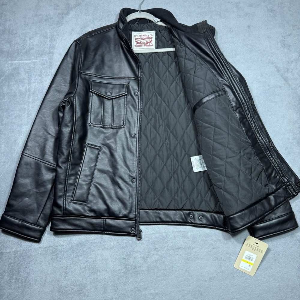 Levis Faux Leather Jacket Mens M Black Trucker Moto Biker Quilted Dadcore NEW